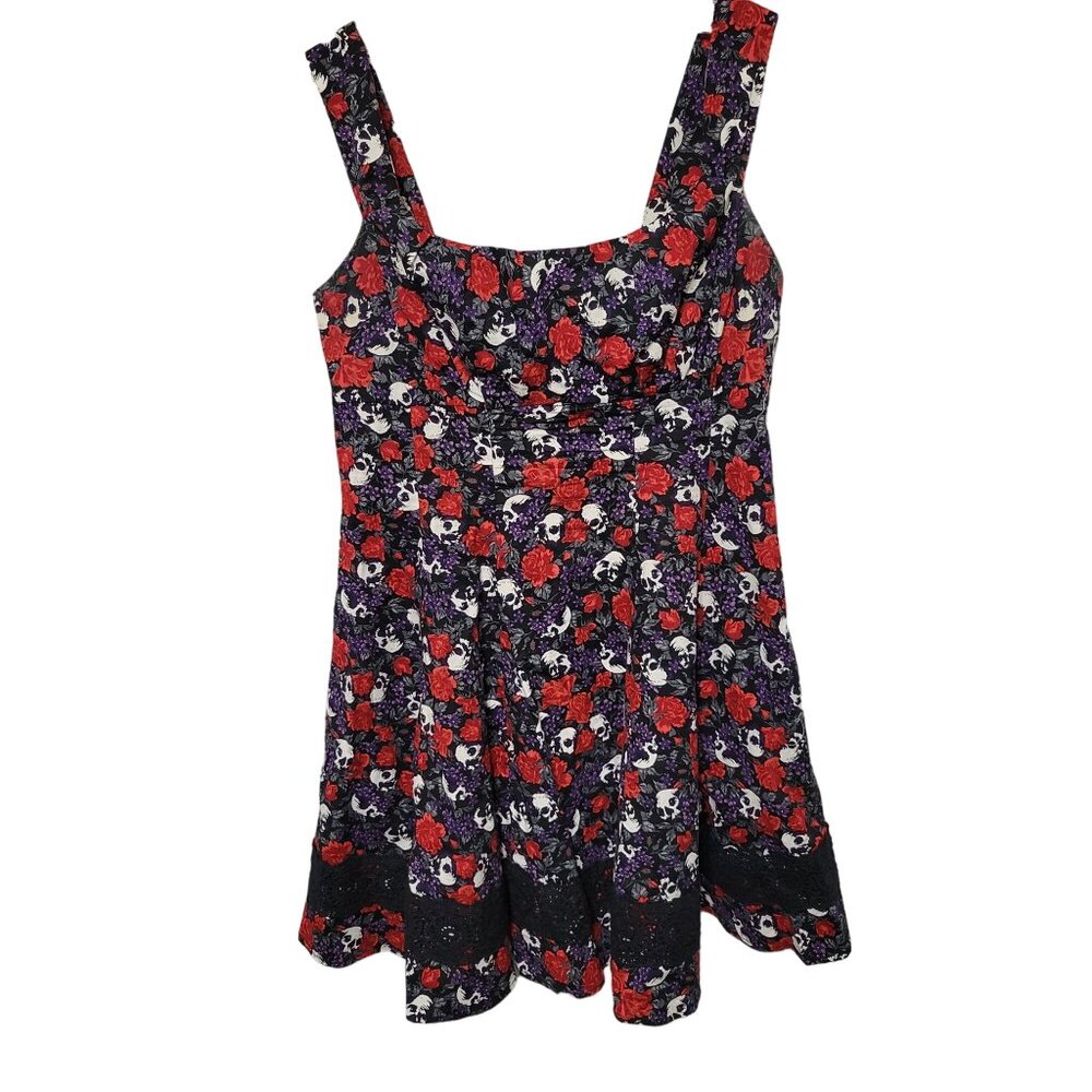 Hot Topic L 11 Dress Skull Floral Gothic Spooky Chic Floral Skater Flare Whimsy - Picture 2 of 11